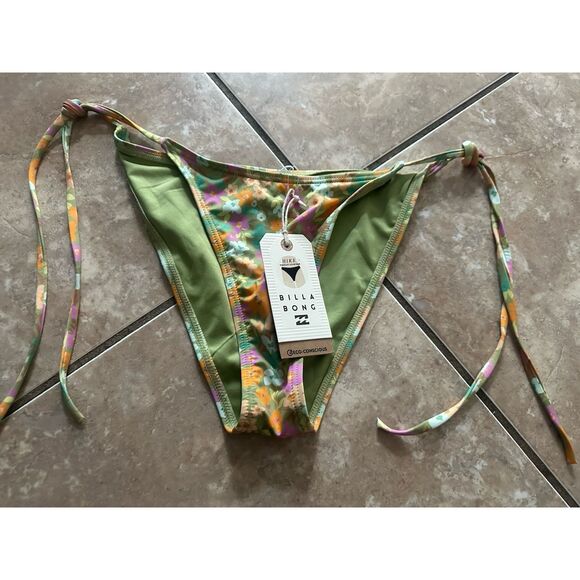 NWT Billabong L On The Bright Side Tie Bikini Bottom Swim Green Floral - Picture 1 of 3